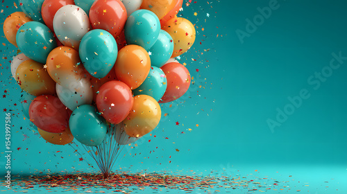 Teal Background Colorful Balloons Birthday Celebration Confetti