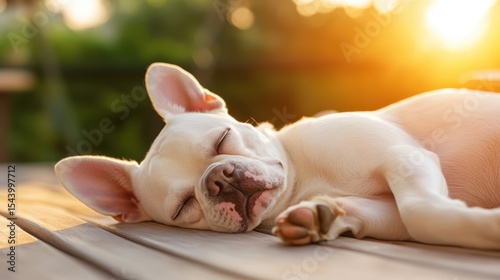A adorable puppy enjoys a blissful nap under the glowing sunlight on a wooden surface, encapsulating warmth and innocence, evoking feelings of peace and pure joy.