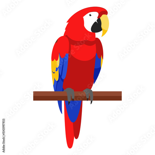Colorful red parrot perched on a branch, tropical bird, vector illustration

