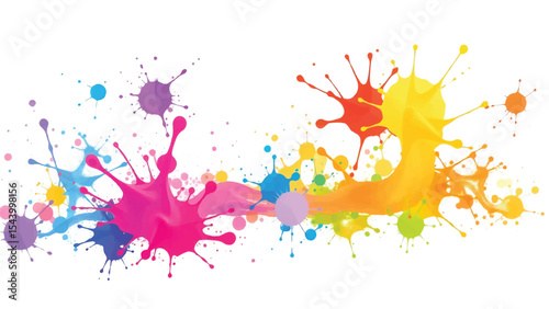 A vibrant, abstract, colorful splatter background with a white background. Multicolor splatter design. Colorful Paint Splashes. 