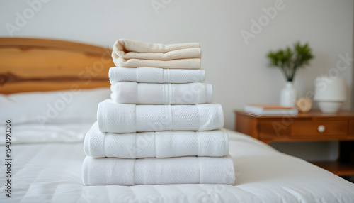 Neatly folded pile of fresh towels on the nightstand in the bedroom, 8k. isolated with white highlights