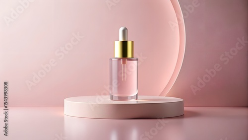 Flatlay of bottle with serum lying down in pink rippling water. Underwater effect. Stylish concept of organic essences, sea health products. Copy space, minimalism, flat lay. Marine cosmetics