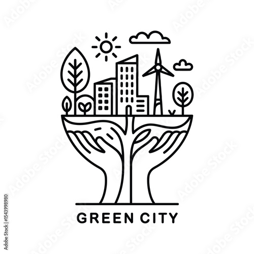 Green city concept featuring skyscrapers trees wind turbine and symbol of sustainability