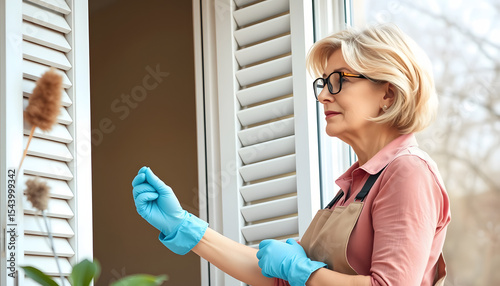 Elegant older woman in casual home attire and cleaning gloves meticulously dusting window shutters with a handheld tool, a stylish blonde homemaker wearing glasses tending to household chores, clipa