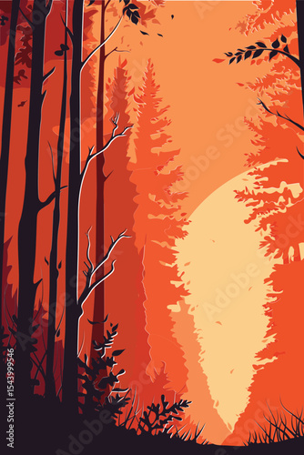 Forest, Morning, Sunset, Travel, Fire, Event, View, Departure, Alone, Tree, Sun, Stars, Mountain, Vector, Artwork