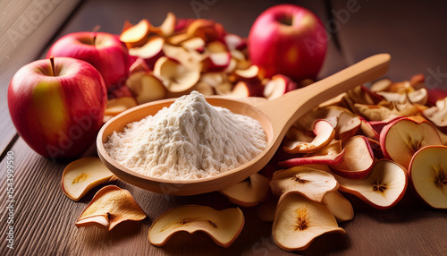 apple flour in a wooden spoon on a background of dried apples apple pectin powder