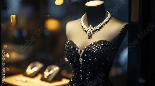 Elegant Diamond Necklace on a Black Dress Mannequin in a Jewelry Store Showcase