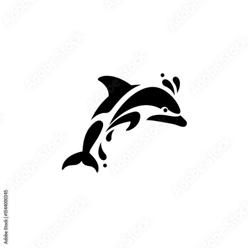 A stylized black and white graphic illustration of a dolphin leaping with water droplets around it artfully done