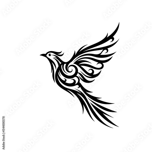 A stylized black and white bird illustration with intricate swirling patterns on a white background artful design