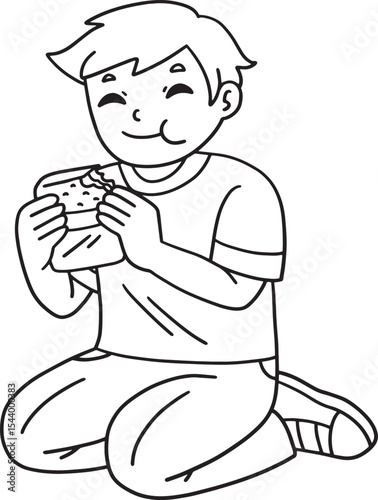 School Yard Boy Eating Lunch Isolated Coloring 