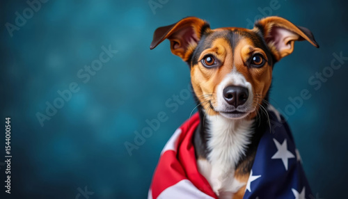 Cute dog wrapped in American flag on blue background, celebrating Fourth of July with patriotic pride.