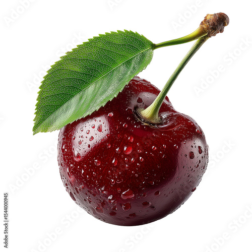 Fresh cherry fruit with leaf and water droplets food macro still life isolated on transparent background