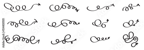 Arrows doodles. Swirling patterns, zigzags, and straight arrows. Variety of shapes and directions. Monochrome black and white. Hand drawn vector set isolated on transparent background