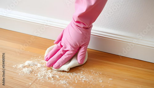 A worker in a soft pink glove meticulously wipes dust from the wooden baseboard with a cloth during a thorough spring cleaning session., grunge. isolated with white highlights