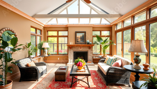 Radiant glass-enclosed retreat adjoining the primary bedroom, colorful. isolated with white highlights