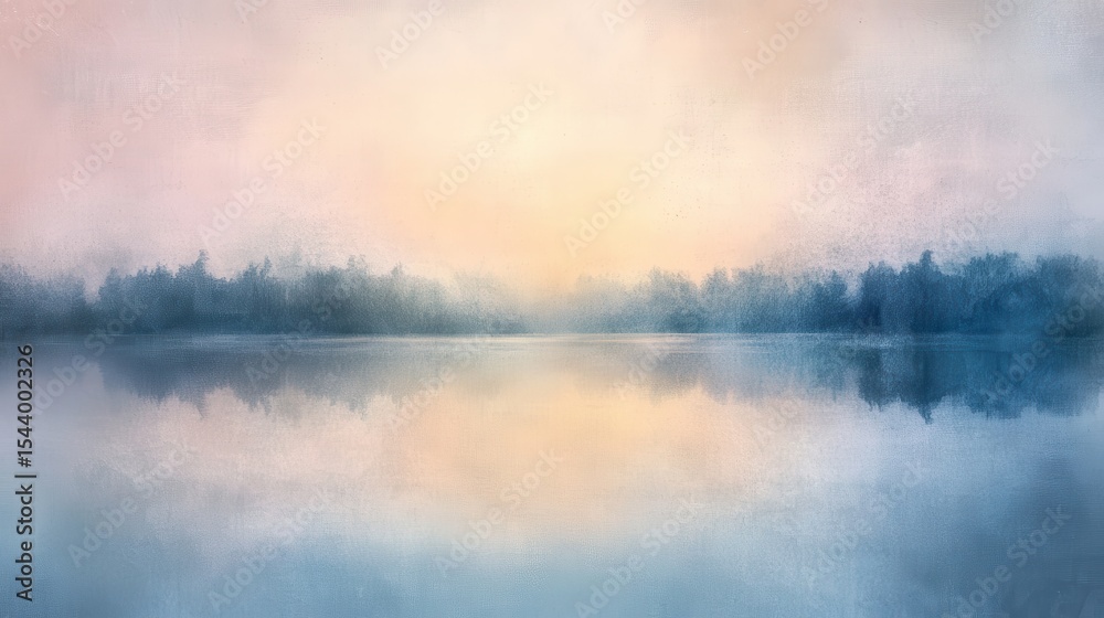 Fototapeta premium Serene lake scene at dawn, painted in soft hues.