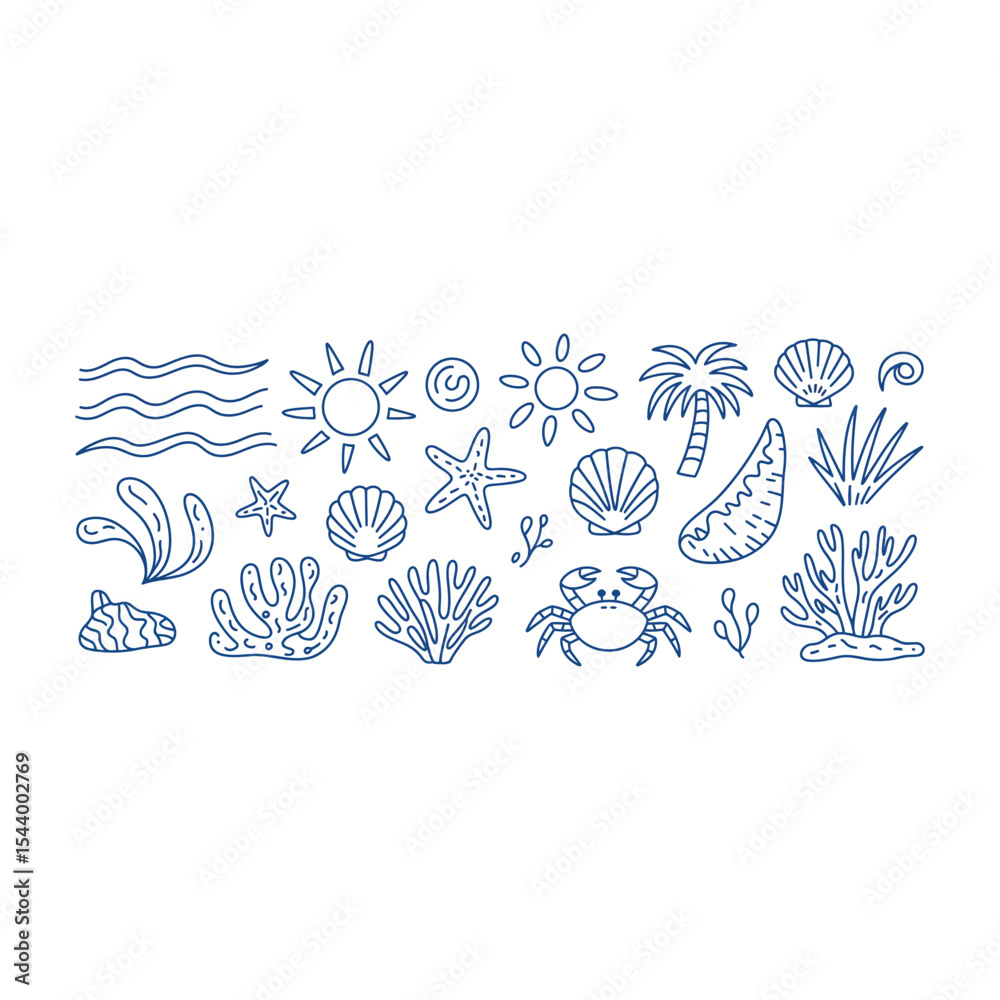 Fototapeta premium Simple hand drawn beach themed elements including shells starfish sun and ocean waves