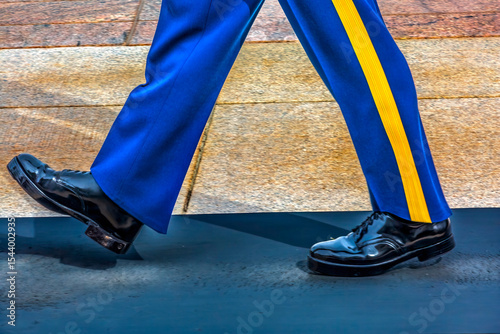 Military guard guarding Tomb of the Unknown Soldier, Arlington National Cemetery, Washington DC. Established 1921. houses remains of American Soldiers that cannot be identified from wars.