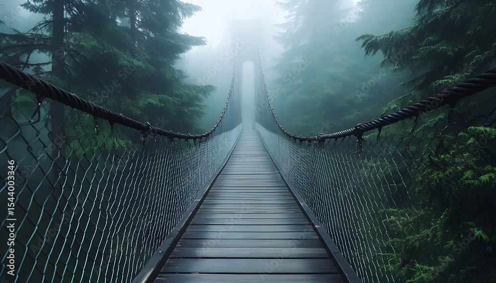 Fototapeta premium Wooden suspension bridge. Misty atmosphere, way through clouds, path between mountain rocks. Travel destination