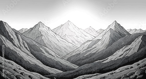 Monochrome vector sketch of a hand-drawn mountain landscape, minimal hiking scenery line art for outdoor, adventure, or travel design