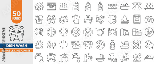 Dishwashing Line Icons Set – clean dishes, hygiene, plate, sponge, dishware, tap, foam, household, detergent, dishwasher, Editable stroke. Vector illustration