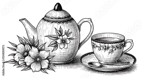 Monochrome vector sketch of a hand-drawn tea set with floral decoration, elegant line art illustration for vintage, cozy, or culinary themes