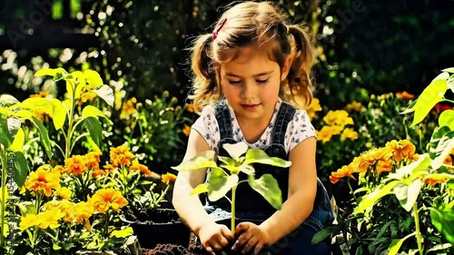 Blonde child holds green seedling with soil-covered hands. Girl planting in garden. Curious expression. Nurturing new life. Gardening planting plant mud. Early childhood natural development baby cute