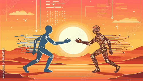 Silhouettes of a human and a cyborg walking towards each other to exchange knowledge against the background of dawn in the desert. A symbiosis between humanity and AI. Vector graphics. EPS.