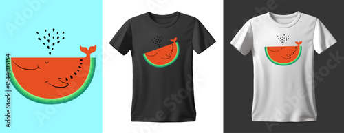 A slice of watermelon in the shape of a cute whale, typography design. Ready to print on t shirts, mug and all of print items. Vector vintage illustration. T-Shirt design template.