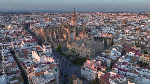 Cathedral of Seville, Aerial of the gothic Building with its famous Giralda bell tower in old town in Andalusia, Spain.