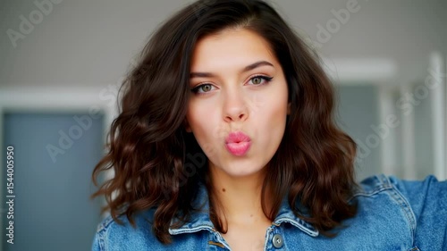 Young woman playfully posing in denim jacket with pouty expressions
