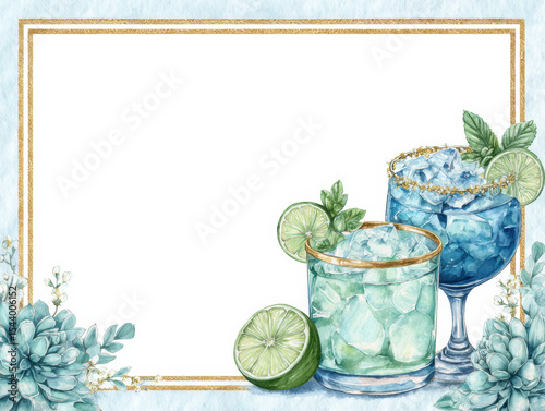 Creative blue and green watercolor frame featuring cocktails and limes for summer vacation 