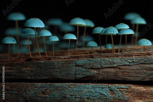 Bioluminescent fungi growing abandoned forest log pile soft glow seeping through decaying wood slats natural decay in high realism