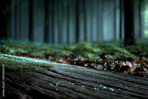 Bioluminescent foxfire glowing beneath thick forest leaf litter subtle green light emitted decaying hardwood logs realistic forest decomposition process