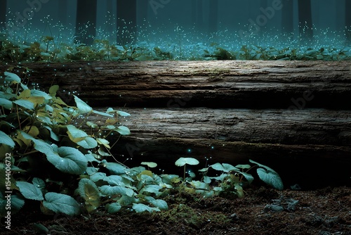 Bioluminescent foxfire glowing beneath thick forest leaf litter subtle green light emitted decaying hardwood logs realistic forest decomposition process