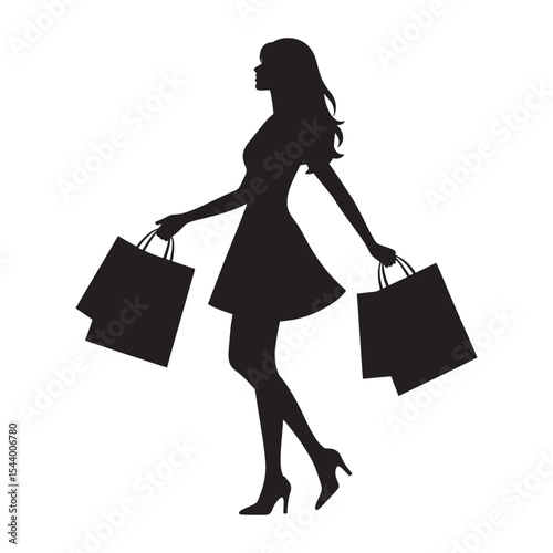Black Silhouette Woman Walking Shopping Bags Vector Illustration