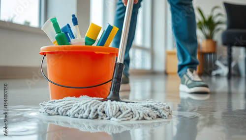 A janitor meticulously scrubbing the office floor, close-up shot with cleaning supplies nearby., smooth light. isolated with white highlights