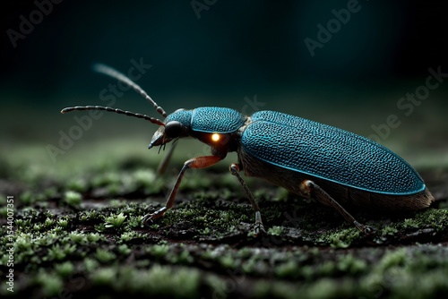 Bioluminescent click beetle tree bark at night emitting twin light spots from its thorax high detail insect focus in real forest environment