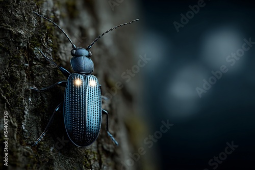 Bioluminescent click beetle tree bark at night emitting twin light spots from its thorax high detail insect focus in real forest environment