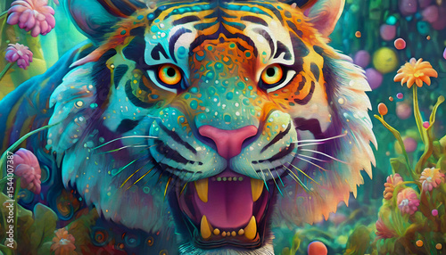 OIL PAINTING STYLE illustration multicolored Close up portrait of and angry tiger