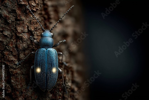 Bioluminescent click beetle tree bark at night emitting twin light spots from its thorax high detail insect focus in real forest environment