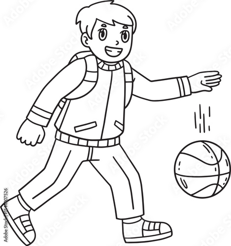 School Yard Boy Dribbling Basketball Isolated 