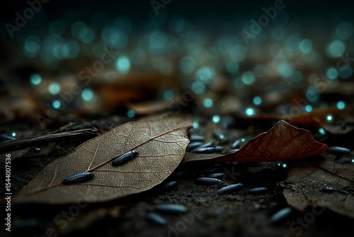 Bioluminescent click beetle larva nestled under forest debris small light emitting points glowing under decayed leaves