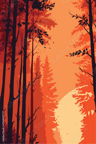 Forest, Morning, Trees, Leaves, Branches, Sunset, Travel, Fire, Event, View, Departure, Alone, Tree, Sun, Stars, Mountain, Vector, Artwork