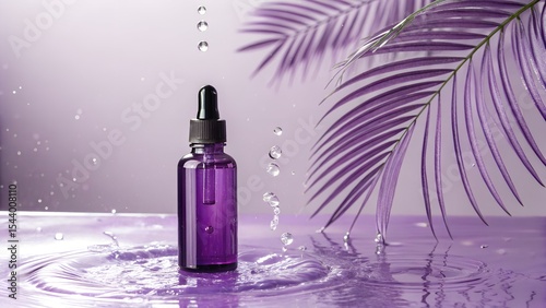 Purple Spa cosmetics in brown glass bottles on a purple background. Copy space for text. Beauty blogger, salon therapy, branding mockup, minimalism concept.