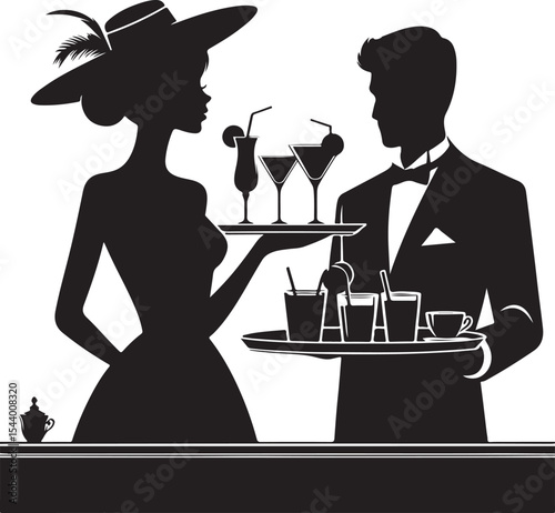 Vintage Style Server and Cocktail Waitress Silhouettes. party silhouette. Vintage Style Server and Cocktail Waitress Silhouettes  Retro Hospitality Icons