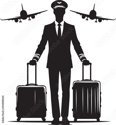 pilot silhouette. Male Airline Pilot with Two Suitcases and Airplanes.Male Airline Pilot with Two Suitcases and Airplanes  Travel and Aviation Illustration.