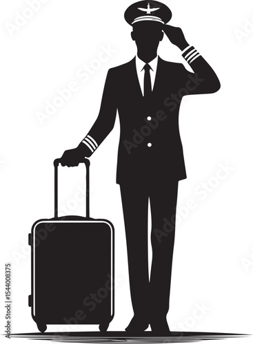 pilot silhouette. Male Airline Pilot Saluting with Suitcase.Male Airline Pilot Saluting with Suitcase  Professional Aviation Illustration.