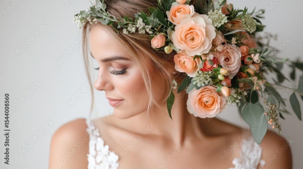 Naklejka premium A stunning bride poses gracefully, adorned with a floral headpiece featuring soft peach roses, highlighting her natural beauty and elegant wedding attire in a serene setting.