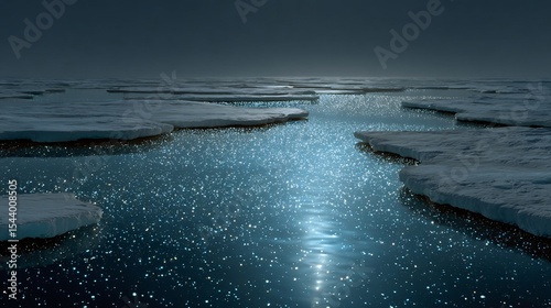 Arctic waters glowing bioluminescent copepods beneath ice sheets soft glow visible through cracks in frozen surface ultra realistic low light scene